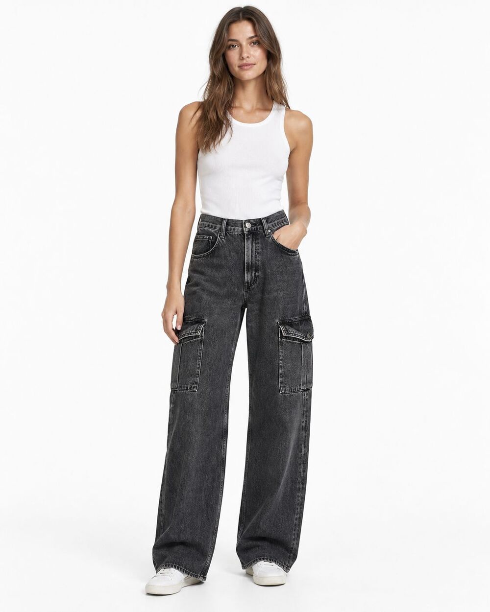 AGOLDE Size 26 Washed Black Cargo Jeans Wide Leg Utility Denim Pants